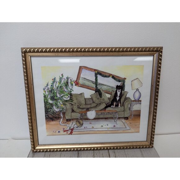 Jane McClure Jane's Prints Dog knocking over Christmas Tree Mess Framed Print - Picture 1 of 3